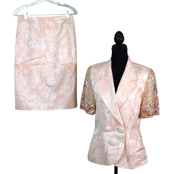 Vintage Ricki Freeman TJ Nites Metallic Brocade Pink Skirt Suit Sequin Sleeve 12